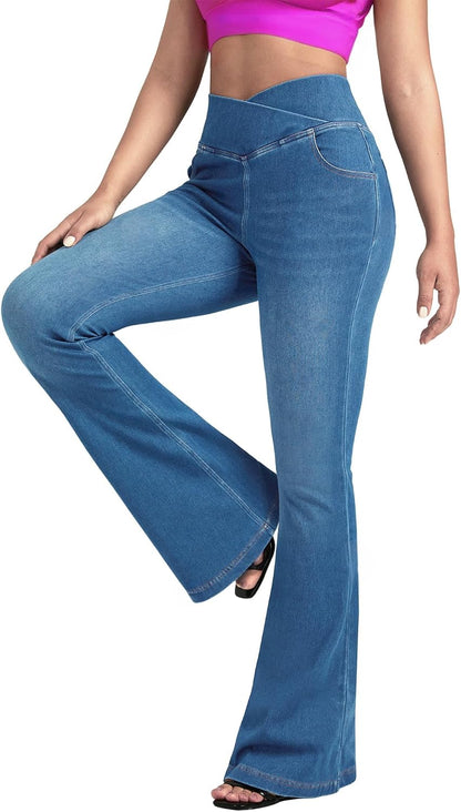 BlueRose Flare Jean for Women,Bell Bottom Jeans for Women Knit Crossover High Waisted Bootcut Jean
