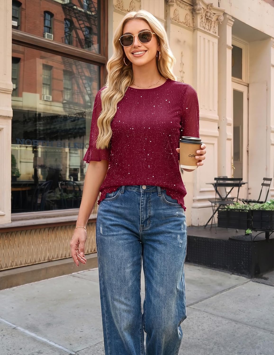 HomRain Glitter Tops for Women Sequin Blouses Sparkly Bell Sleeve Shirt Dressy Casual Party Guest Wedding Summer Top.