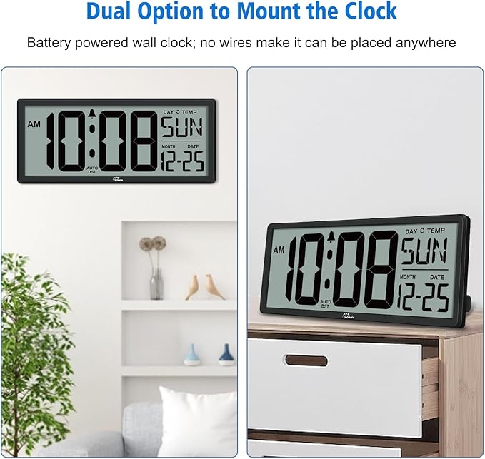 WallarGe Backlight Digital Wall Clock Battery Operated - with Temperature and Date 14.5'' Large Digital Wall Clock, Easy to Read and Set, Auto DST