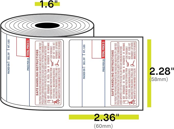CAS LP-1000N LST-8040 Weigh Scale Label, 2.25" x 2.36", 58mm x 60mm, Blue Red Printed, UPC with Safe Handling Scale Label