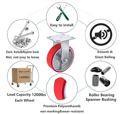 6"X 2" Heavy Duty Casters - Industrial Casters Polyurethane Caster with Strong Load-Bearing Capacity 5000 LB, Heavy Duty casters Set of 4, Widely Used in Furniture,WorkBrench,Tool Box (2BRAKE,2RIGID)