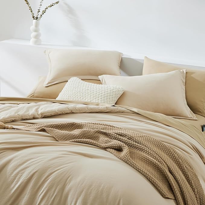 WRENSONGE Beige Twin XL Comforter Set, 5 Pcs Soft Twin Size Comforter Sets- Twin Comforter, Fitted Sheet, Flat Sheet, 2 Pillow Shams, 2 Pillowcases, Warm Twin Bedding Sets All Season