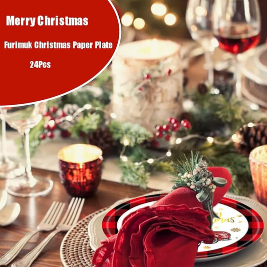 Furimuk Christmas Paper Plates Rustic Truck Red Black Plaid Border Printed Round Disposable Plates Dinnerware for Christmas Holiday Dinner Birthday Party Supplies (24 Pcs)