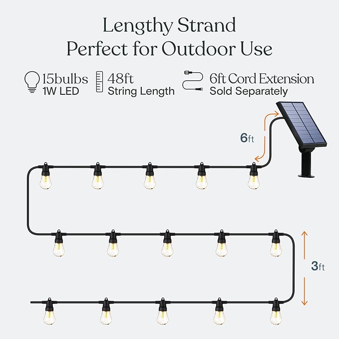 Pro Solar Powered Outdoor String Lights, 54 ft Commercial Grade Waterproof Patio Lights, 15 Edison Bulbs, Shatterproof LED String Lights for Outside, Porch - 1W Soft White