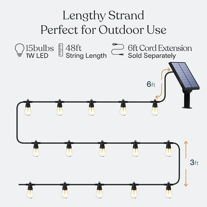 Pro Solar Powered Outdoor String Lights, 54 ft Commercial Grade Waterproof Patio Lights, 15 Edison Bulbs, Shatterproof LED String Lights for Outside, Porch - 1W Soft White