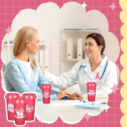 LemonRoad 24 Pcs Breast Cancer Awareness Plastic Tumblers with Lids 16oz Pink Ribbon Coffee Cups for Women Breast Cancer Survivor Gifts Party Event Supplies