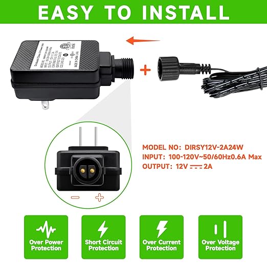 LED Transformer 12V 2A Inflatable Power Adapter Class 2 Power Unit, IP44 Low Voltage Transformer US Plug for Christmas Light, String Light, Inflatable Decoration(12V24W 1Pack)