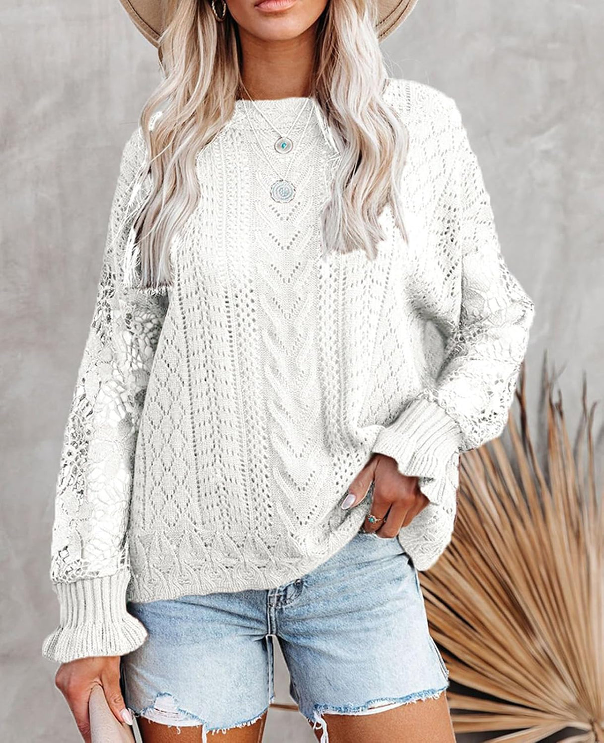 MINTLIMIT Women's Lace Crochet Long Sleeve Hollow Out Sweater Top Casual Loose Knit Cardigan Pullover Blouses Tops
