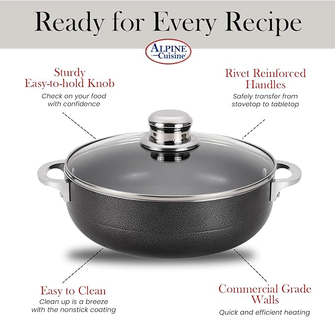 Alpine Cuisine 3.5 Quart Nonstick Cauldron with Glass Lid Multipurpose Aluminum Dutch Oven for Braising - Boiling - Stewing Nonstick Coating with Black Finish
