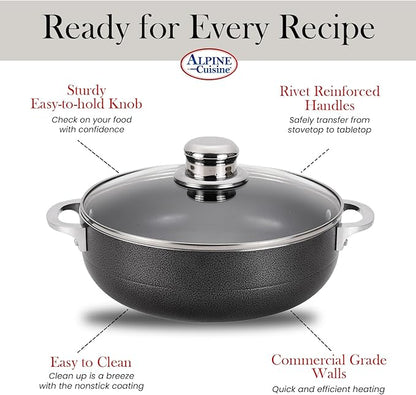 Alpine Cuisine 3.5 Quart Nonstick Cauldron with Glass Lid Multipurpose Aluminum Dutch Oven for Braising - Boiling - Stewing Nonstick Coating with Black Finish