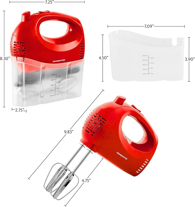 OVENTE 5-Speed Electric Hand Mixer with Stainless Steel Mixing Whisk, Snap-On Storage Case, Portable  Lightweight 150W Motor, Compact Handheld Mixer for Baking, Blending or Cooking, Red HM151R