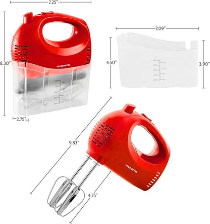OVENTE 5-Speed Electric Hand Mixer with Stainless Steel Mixing Whisk, Snap-On Storage Case, Portable  Lightweight 150W Motor, Compact Handheld Mixer for Baking, Blending or Cooking, Red HM151R