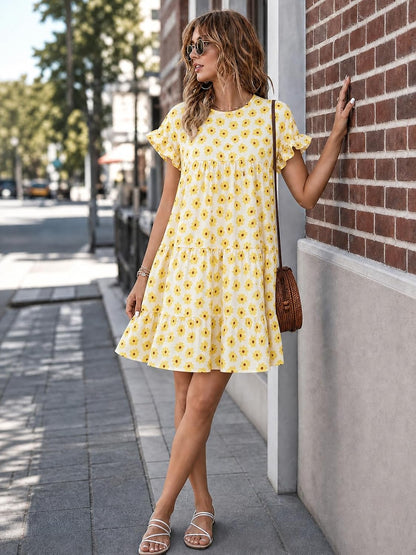 Womens Boho Floral Ruffle Sleeve Babydoll Loose Flowy Casual Summer Pleated Mini Dress