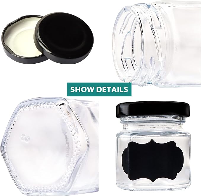 1.5 OZ Mini Hexagon Glass Jars, 48 Pack Empty Honey Jars Small Spice Jars with Black Lids and 50pcs Labels for Jam, Homemade Projects, Gifts, Wedding Party Favors