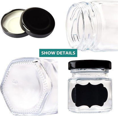 1.5 OZ Mini Hexagon Glass Jars, 48 Pack Empty Honey Jars Small Spice Jars with Black Lids and 50pcs Labels for Jam, Homemade Projects, Gifts, Wedding Party Favors
