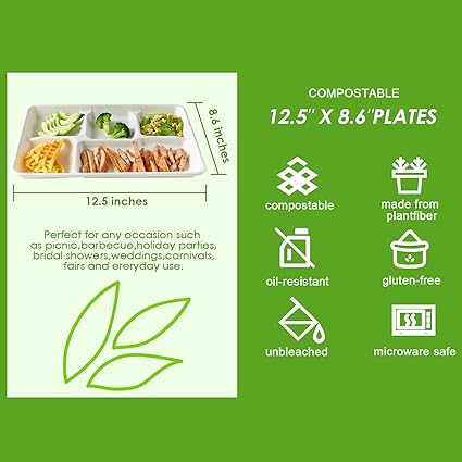 Vplus 100 Compostable 5 Compartment Paper Plates, 100 Pack, 12.5 x 8.6 inch Disposable School Lunch Trays, Eco-Friendly Bagasse Plates for Buffet, and Party