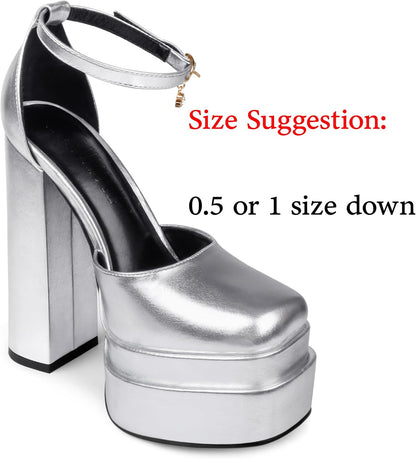 Womens Sexy High Heels Platforms Pumps Square Toe Chunky Block Heels Rhinestone Party Shoes