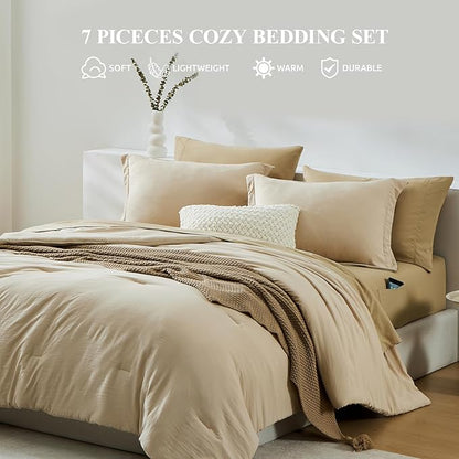 WRENSONGE Beige Twin XL Comforter Set, 5 Pcs Soft Twin Size Comforter Sets- Twin Comforter, Fitted Sheet, Flat Sheet, 2 Pillow Shams, 2 Pillowcases, Warm Twin Bedding Sets All Season
