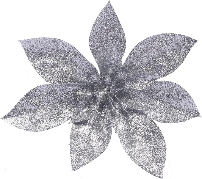 YYCRAFT Glitter Poinsettia Flowers 6 Inch for Christmas Tree Ornaments Christmas Decorations(12pcs,Silver)