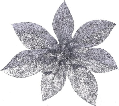 YYCRAFT Glitter Poinsettia Flowers 6 Inch for Christmas Tree Ornaments Christmas Decorations(12pcs,Silver)