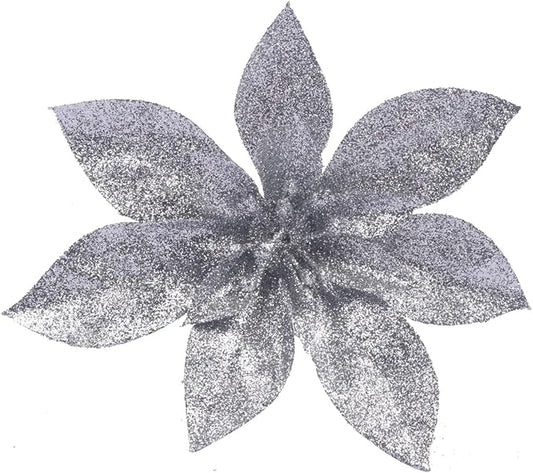 YYCRAFT Glitter Poinsettia Flowers 6 Inch for Christmas Tree Ornaments Christmas Decorations(12pcs,Silver)
