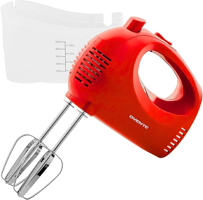 OVENTE 5-Speed Electric Hand Mixer with Stainless Steel Mixing Whisk, Snap-On Storage Case, Portable  Lightweight 150W Motor, Compact Handheld Mixer for Baking, Blending or Cooking, Red HM151R