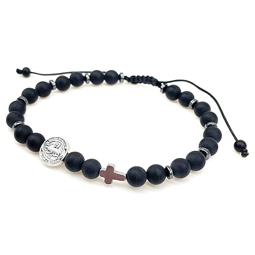 Black Onyx Beads and Adjustable St. Benedict Cross Bracelet for Men
