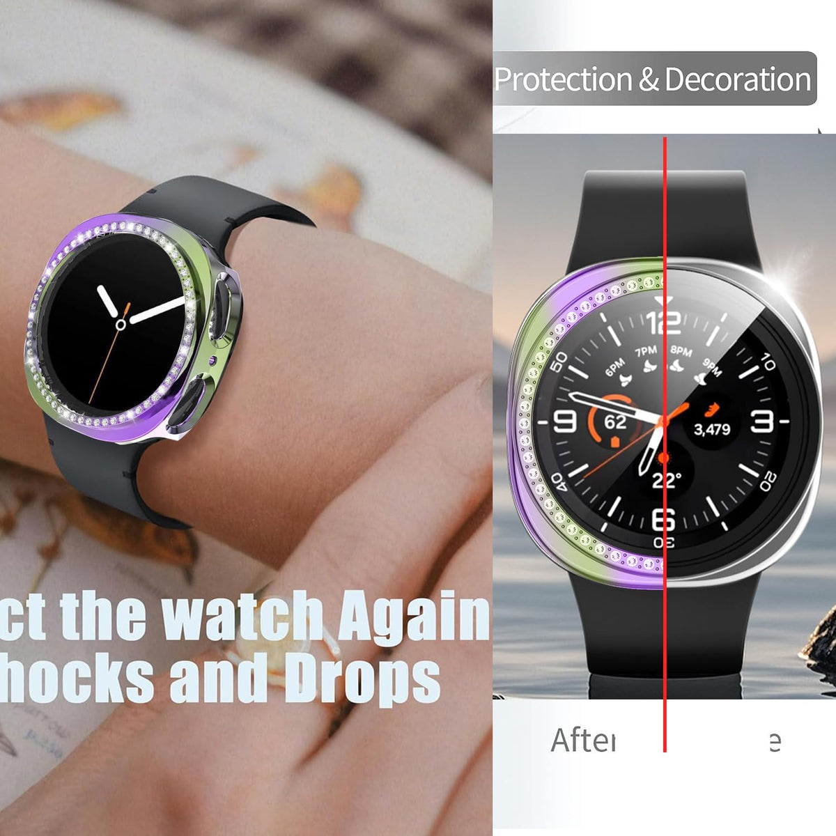 2 Packs for Galaxy Watch 8 Case 40mm, Bling Frame Protective Case Compatible for Samsung Galaxy Watch 8 (2 Packs, Rose Gold/Colorful)
