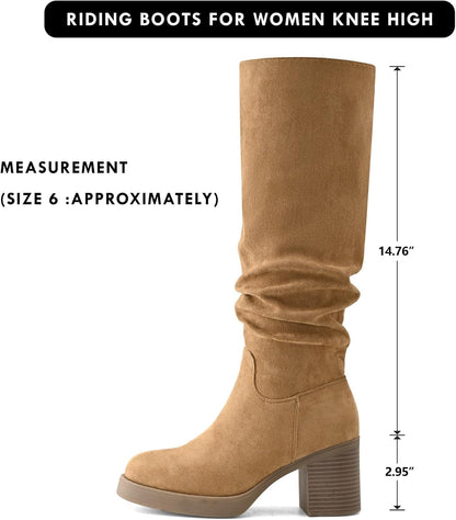 Knee High Boots for Women Chunky Heel Platform Slouchy Stretchy Suede Round Toe with Side Zipper Fall and Winter Fashion Comfortable Boots