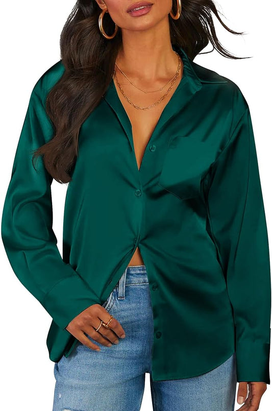 CBOO Women Elegant Satin Blouses Shirts, Soft Silk Shirts Top, Satin Button Down Shirts, Office Long Sleeve Blouse Shirt
