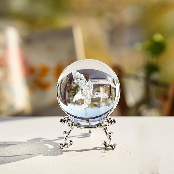 HDCRYSTALGIFTS Engraved Eagle Crystal Ball Paperweight with Stand 60mm 3D Laser Etched Bald Eagle Glass Spheres Decorative Balls(Clear)