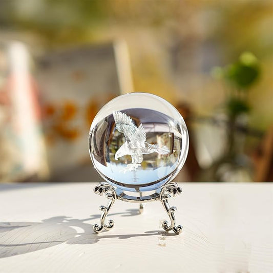 HDCRYSTALGIFTS Engraved Eagle Crystal Ball Paperweight with Stand 60mm 3D Laser Etched Bald Eagle Glass Spheres Decorative Balls(Clear)