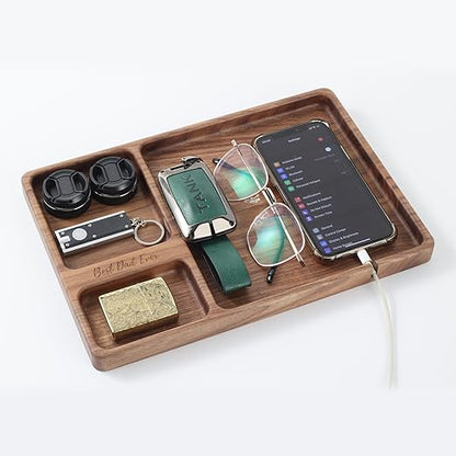 Best Dad Ever Valet Tray - Walnut Wood Nightstand Organizer for Men Women, Catch All Tray for Phone Jewelry Cologne Key, for New Dad