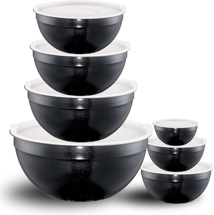 Blue Mixing Bowls with Lids Set of 7, Stainless Steel Nesting Bowl with Khaki Lid for Non-slip Mixing Prepping Storing Serving, 7 Sizes-7/3.6/2.7/2.1/1.5/1/0.8 QT