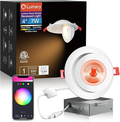 Lumary Smart Gimbal LED Recessed Lighting 4 Inch, 360 90 Adjustable, ETC  COB Light, 7W 550lm RGBCW Directional Lights Eyeball Color Changing Lights, Work with Alexa Google Assistant, 1 Pack