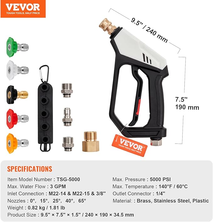 VEVOR Short Pressure Washer Gun, 5000 PSI High Power Washer Spay Gun, M22-14,15mm  38'' Inlet  14'' Outlet, Pressure Washer Handle with 5 Quick Connect Nozzles