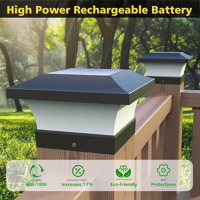 T-SUN Solar Post Lights, Waterproof Outdoor Solar Post Cap Lights for 4 X 4 Wooden Posts, 6000K White LED Lighting, Deck, Patio Garden Decor or Fence (1 Pack) white