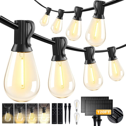 HJQ 60FT Solar String Lights Outdoor Waterproof, Solar Powered Patio Lights with Remote & USB Port, 20+1 LED Shatterproof Bulbs, 3 Modes, Dimmable Solar Hanging Lighting for Yard Garden Party