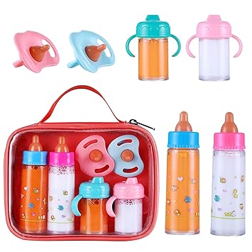 Magic Disappearing Milk and Juice Bottle with Pacifier,6 Pieces Pretend Play Feeding Toy Set with Package, Baby Doll Accessories for Girl