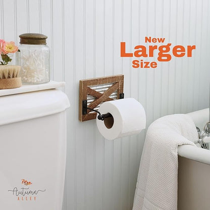 Autumn Alley Rustic Farmhouse Toilet Paper Holder Wall - Farmhouse Bathroom Country Decor Accessories with Warm Brown Wood, Galvanized Metal  Black Adds Western Decor Charm