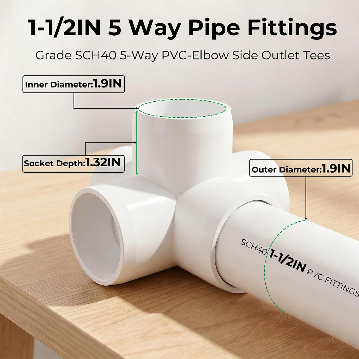6Pack 1-1/2”PVC Fittings 5-Way Side Outlet Elbow Fitting for Furniture 5 Way PVC Pipe Fitting SCH40 Grade Side Outlet Tees 90 Degree Corner Elbow Fittings for Greenhouse Frame Tent Connections