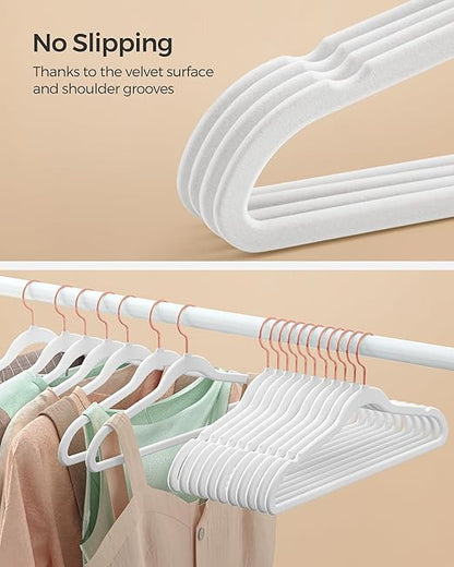 SONGMICS Velvet Hangers 100 Pack, Non-Slip Hangers with Rose Gold-Colored Swivel Hooks, Slim Space-Saving Hangers, Velvet Hangers for Closet, Heavy-Duty Hangers, White UCRF026W100