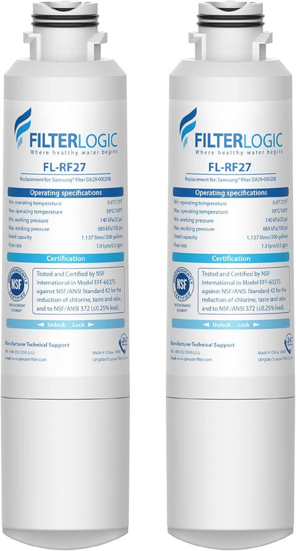 Filterlogic DA29-00020B Refrigerator Water Filter, Replacement for Samsung HAF-CIN, HAF-CIN/EXP, DA29-00020A/B, DA97-08006A, RF28HMEDBSR, RF4287HARS, RF263TEAESG, RH22H9010SR, 2 Pack