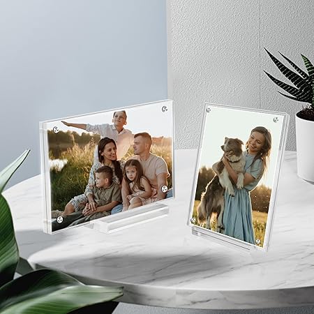 4x6 Magnetic Acrylic Picture Frame with Base, Both Horizontal Vertical or Slant Back Display, Double Sided Clear Photo Frame, Frameless Lucite Frames