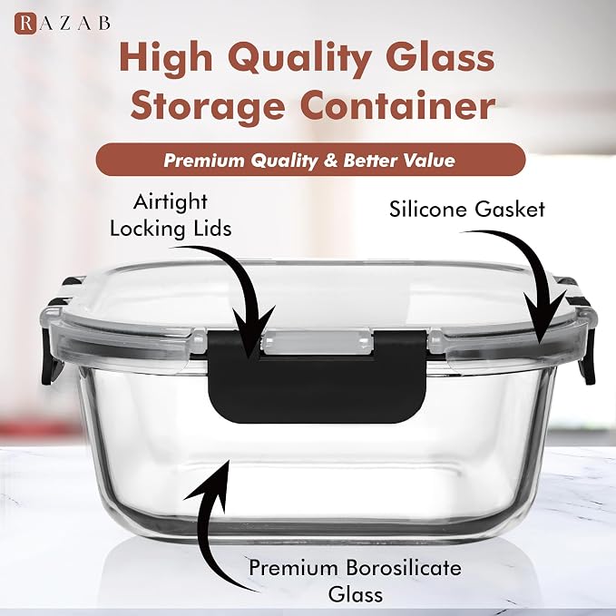 Razab 1 PC 1200ML / 41 Oz Glass Food Storage Container with Lid - Airtight & Leakproof - Microwave/Oven/Freezer Safe