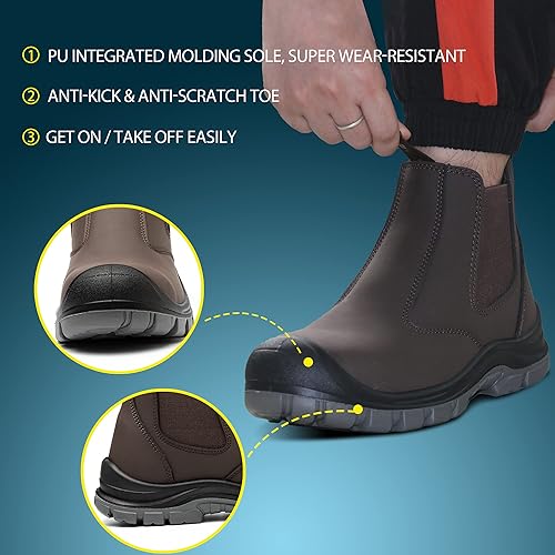 Steel Toe Work Boots for Men Slip-on Chelsea Boot, Men's Industrial & Construction Shoes, Waterproof, Lightweight, Comfortable, Non-slip Safety Shoes, Black, 10.5