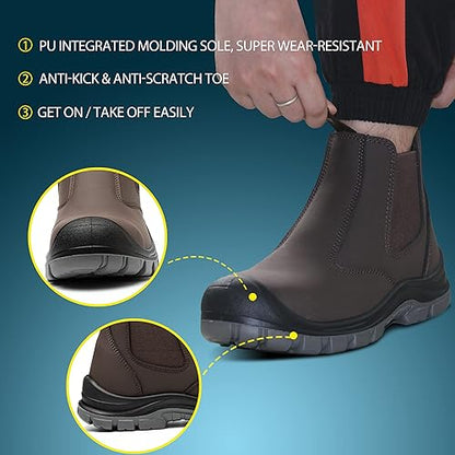 Steel Toe Work Boots for Men Slip-on Chelsea Boot, Men's Industrial & Construction Shoes, Waterproof, Lightweight, Comfortable, Non-slip Safety Shoes, Black, 10.5
