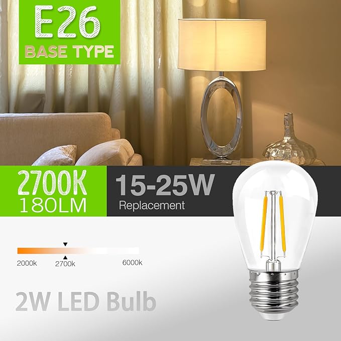 15W 20W 25W Light Bulbs Equivalent, 2W LED Edison Bulb Soft White 2700K, S14 E26 Low Watt Light Bulbs for Outdoor String Lights,Table Lamp, 6-Pack