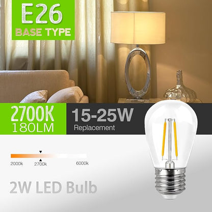 15W 20W 25W Light Bulbs Equivalent, 2W LED Edison Bulb Soft White 2700K, S14 E26 Low Watt Light Bulbs for Outdoor String Lights,Table Lamp, 6-Pack