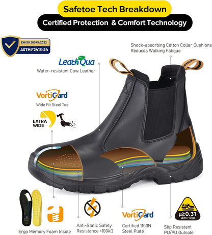 Size 13 Mens Work Boots Steel Toe Chelsea Safety Boots Cow Leather Waterproof Lightweight Working Shoes